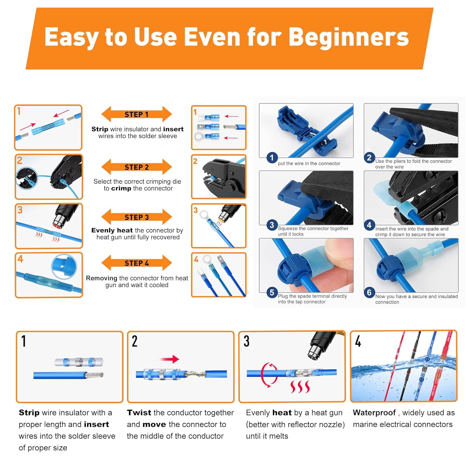 Foluck Ultimate Heat Shrink Wire Connectors, 1500PCS Waterproof Electrical Spade Connectors kit, Insulated Crimp Ring Fork Spade Terminal T-Tap Solder Butt Splice Connectors for Marine Boat Truck