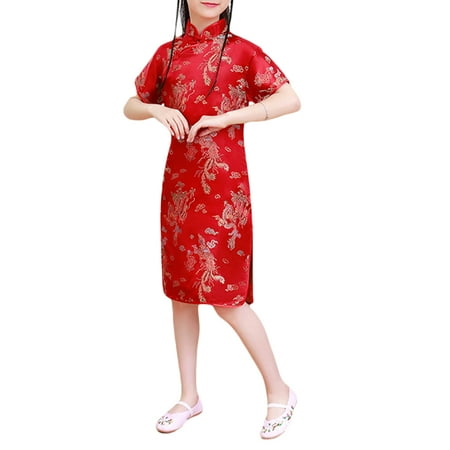 

Emmababy Kids Cheongsam Floral Embroidery Stand Collar Short Sleeve Dress One-Piece ZXY