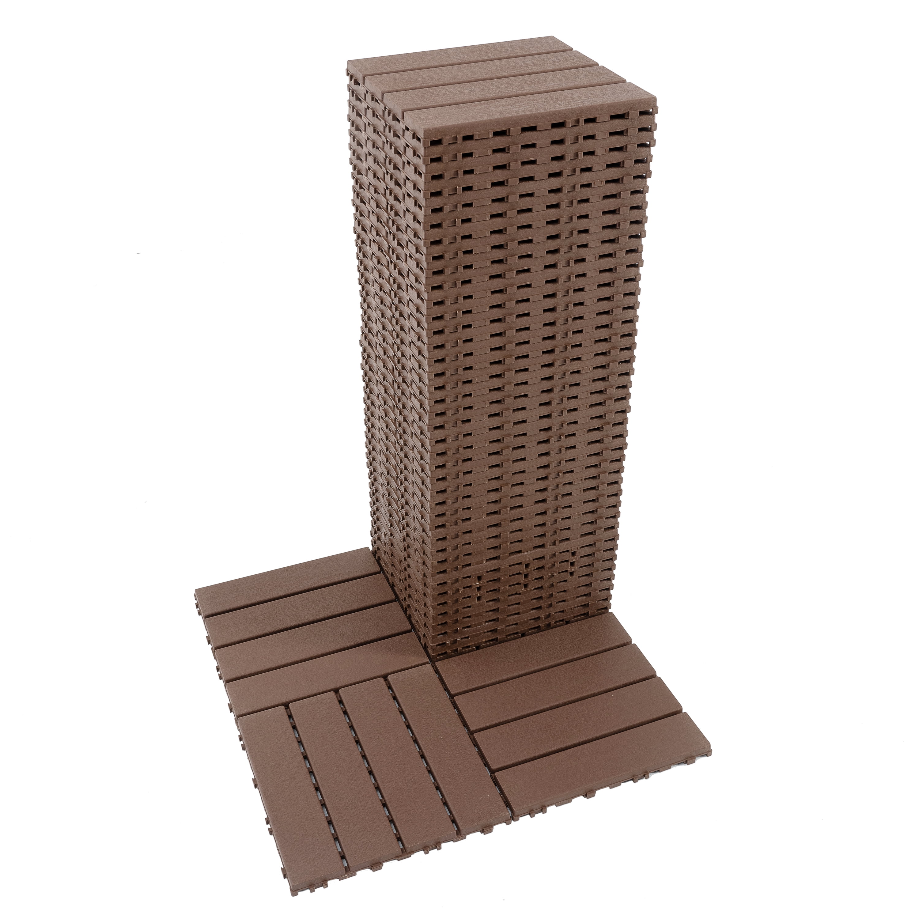 Interlocking Decking Tiles 12x12 in, Waterproof Plastic Flooring for All-Weather Use, Patio Decking for Poolside Balcony Backyard, Brown, 44pcs