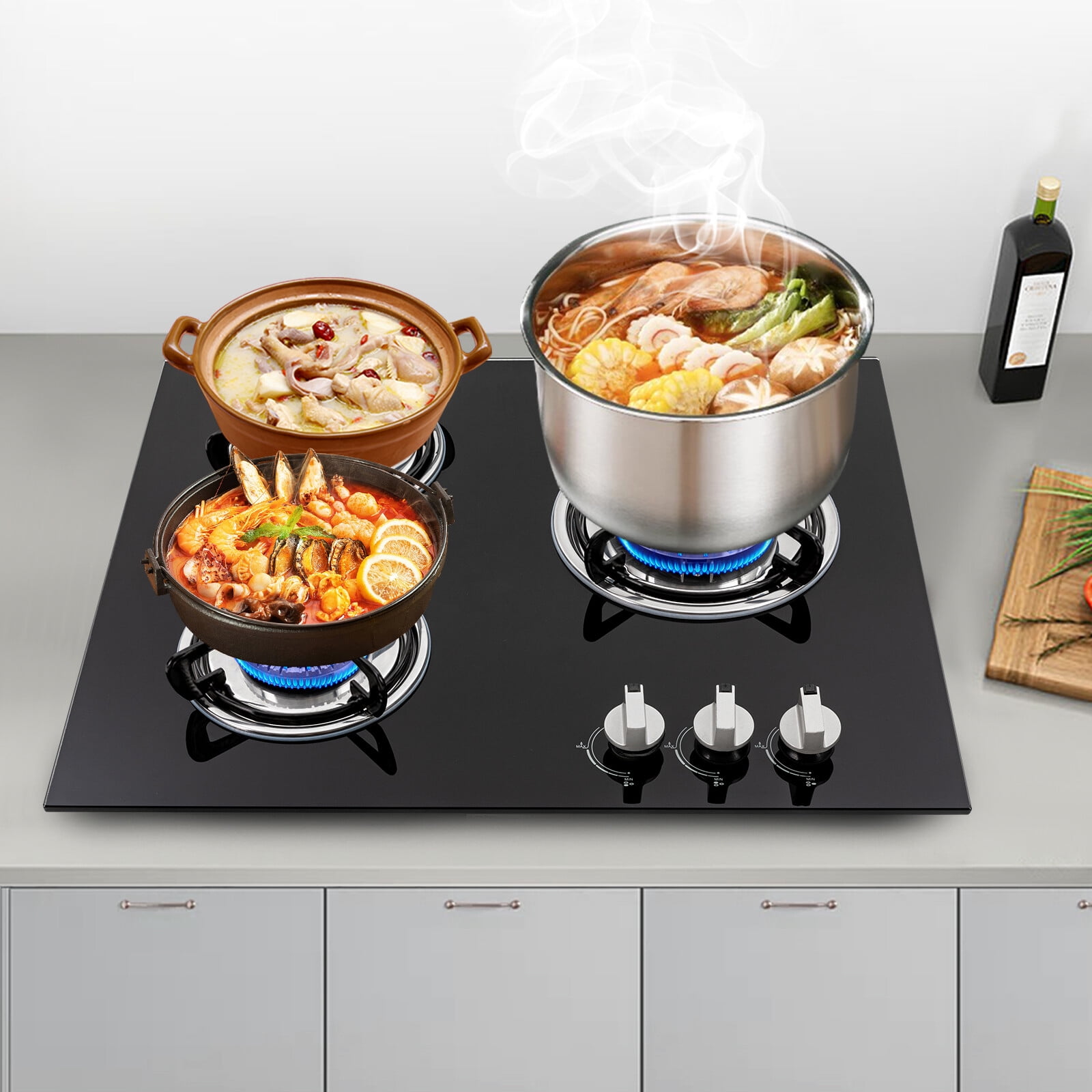 3 Burners High Efficiency Modern Rectangle Built-in Gas Cooktop Black 23.2*20*3.5in for Home Dining