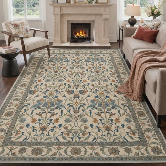 GENIMO 5'x7' Area Rug for Living Room, Machine Washable Non Slip Low Pile Rug for Bedroom Dining Room, Low Pile Art, Dusty Beige