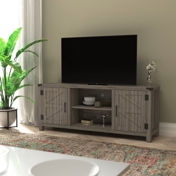 Masada Rugs Barn Door TV Stand for up to 65" TVs - Engineered Wood Media Console 59" with Adjustable Middle Shelf in Gray Wash Oak