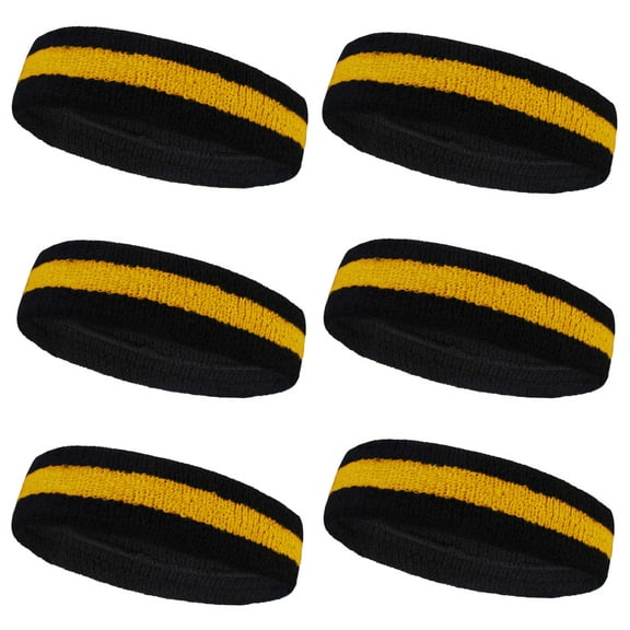 Couver Terry Cloth Striped Headband 2 Colored Head Sweatband - 6 Pieces Pack (Golden Yellow / Black)