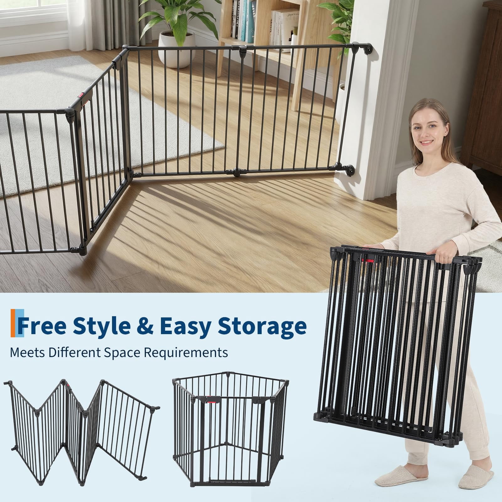 Collapsible Metal Baby Safety Gate – 29" Tall, Playpen with Lockable Door, Adjustable Portable Pet & Child Barrier for Doors – Black, 5 Panels