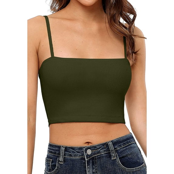 Attraco Women's Ribbed Crop Top Adjustable Spaghetti Straps Halter Cami Tank Top