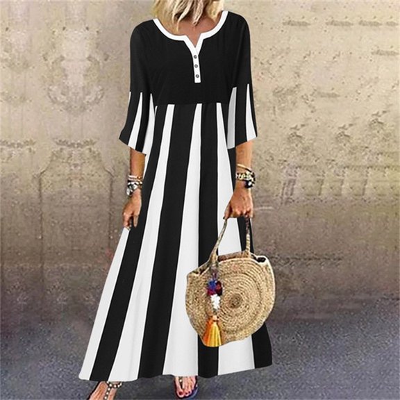 Lilgiuy Women's Summer Fashion Casual Stripe Print Medium Sleeve Loose Midi Dress Gifts for Mom