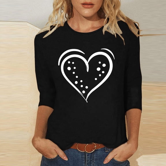 NTACZA 3/4 Sleeve Tops for Women Trendy Valentines Black Crewneck T Shirt Cute Pullover Loose Fit Shirts for Women L