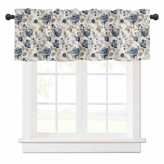 Blue Gray Spring Floral Valances for Windows Vintage Botanical Leaf Farmhouse Rod Pocket Curtain Valance Window Treatment Short Curtains for Kitchen Living Room, 58"x16"