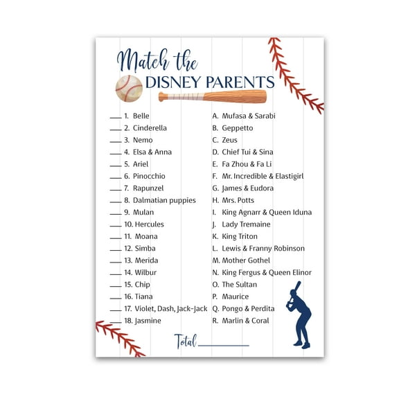 BASEBALL Baby Shower Games — CARTOON PARENT MATCH Baby Shower Game — Pack of 25 — Rustic Sports Theme Navy Blue BOY, Little Slugger Fun Match the Parents Couples Shower Activity G900-DPM