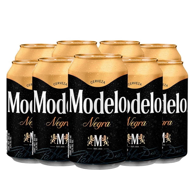 Cerveza Oscura Modelo Negra tipo Munich, 2 packs con 12 Latas de 355ml c/u, color ámbar oscuro con notas a malta tipo Munich tostada y caramelo