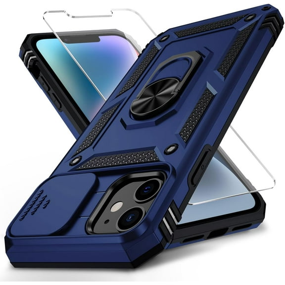 for iPhone 12 / iPhone 12 Pro Case with Slide Camera Cover HD Screen Protector Heavy Duty Military Grade Shockproof Magnetic Ring Holder Kickstand Phone Case for iPhone 12/12 Pro,Navy Blue