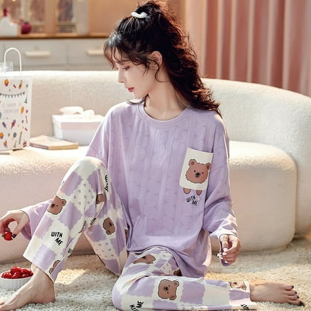 

Spring Autumn Polyester Cartoon Girls Cheap Pajama Sets Women Pyjamas Plaid Sleepwear Pijama Mujer Homewear Clothing Nightwear