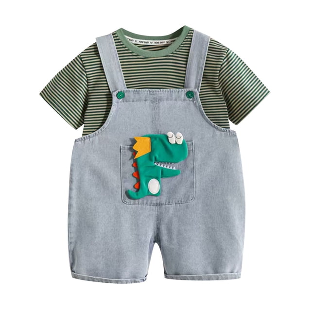 Odeerbi 0-5 Años Niños Niñas Conjuntos Dinosaurio Peto Pantalón Corto Con Camiseta de Manga Corta de Algodón A Rayas Conjunto Verano Strap Romper Jumpsuit Playsuit