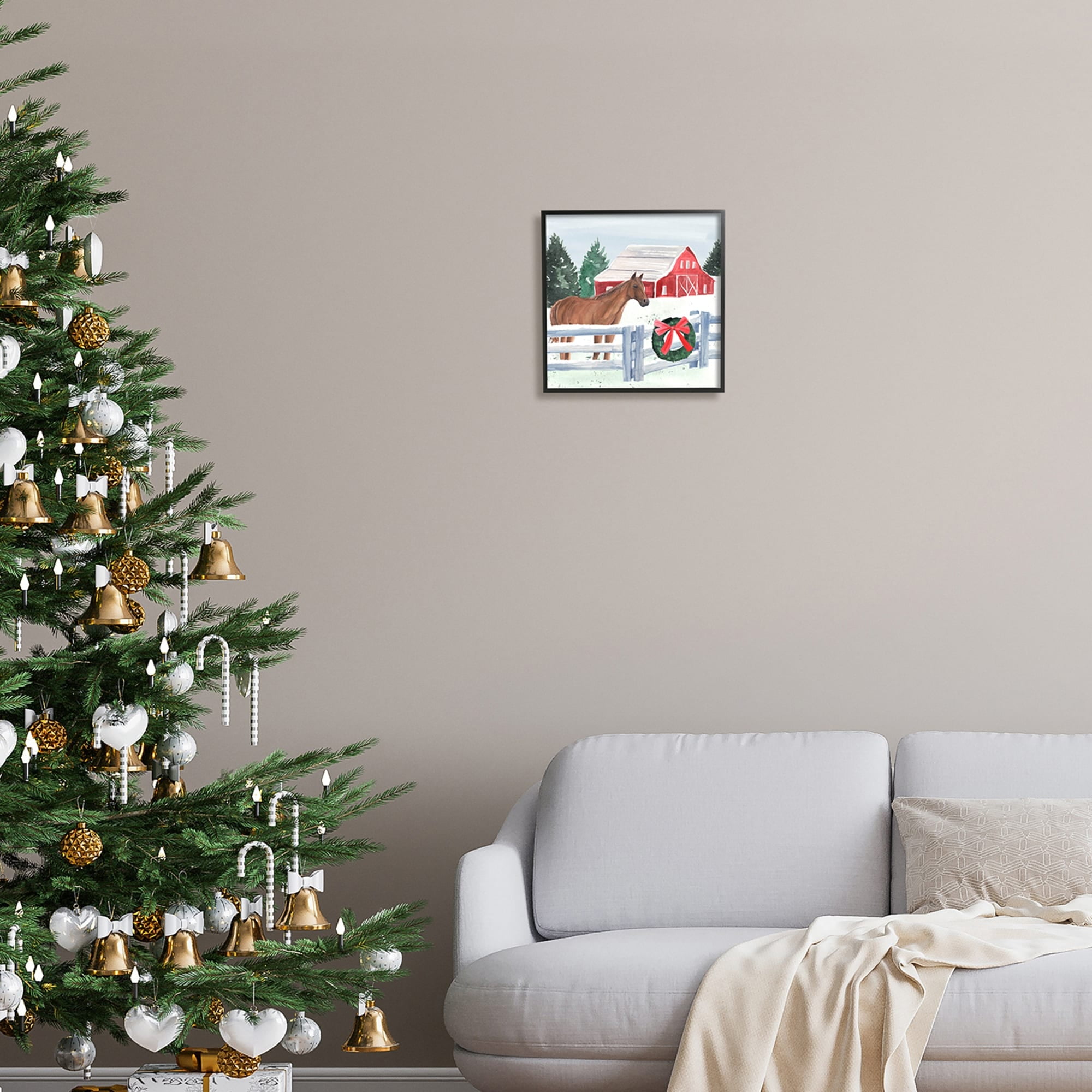 Charming Red Snowy Barn Horse Standing Winter Scene Animals & Insects Painting Framed Art Print Wall Art
