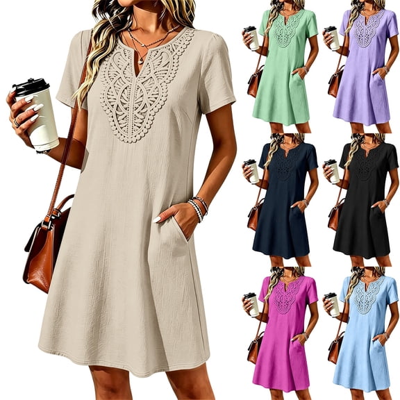 Helii Womens Embroidered Eyelet V Neck Short Sleeve A Line Dress with Pockets Lightweight Breathable Summer Swing Casual Loose Fit T Shirt Dress for Daily Vacation Beach Party 6 Colors