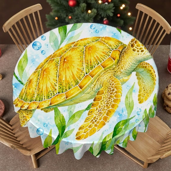 RKSupls 60 Inch Watercolor Sea Turtle In Kelp Soft, Machine-Made Round Tablecloth, Wedding, Party, Holiday, Home Dining