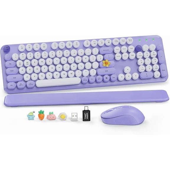 Wireless Keyboard and Mouse Combo, Cute Round Keycaps, Full-Size Retro Typewriter Keyboard with Detachable Wrist Rest, 2.4GHz Cordless Connection for Mac/Windows/PC/Laptop (Purple-Colorful)