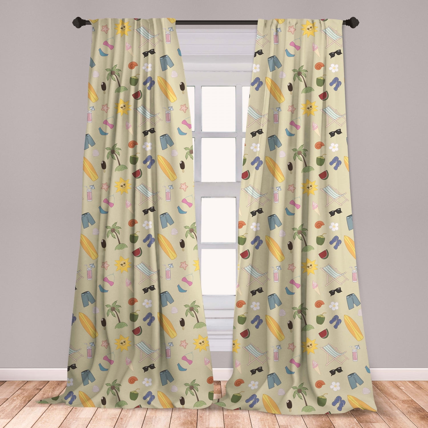 Summer Curtains 2 Panels Set, Seasonal Travel Vacation Themed Pattern