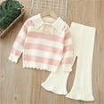 thumbnail image 2 of Mercatoo Toddler Girls Fall Winter Set Knitted Striped Doll Collar Shirt and Ribbing Long Pant Outfit Kids Girls Casual Clothes, 2 of 4