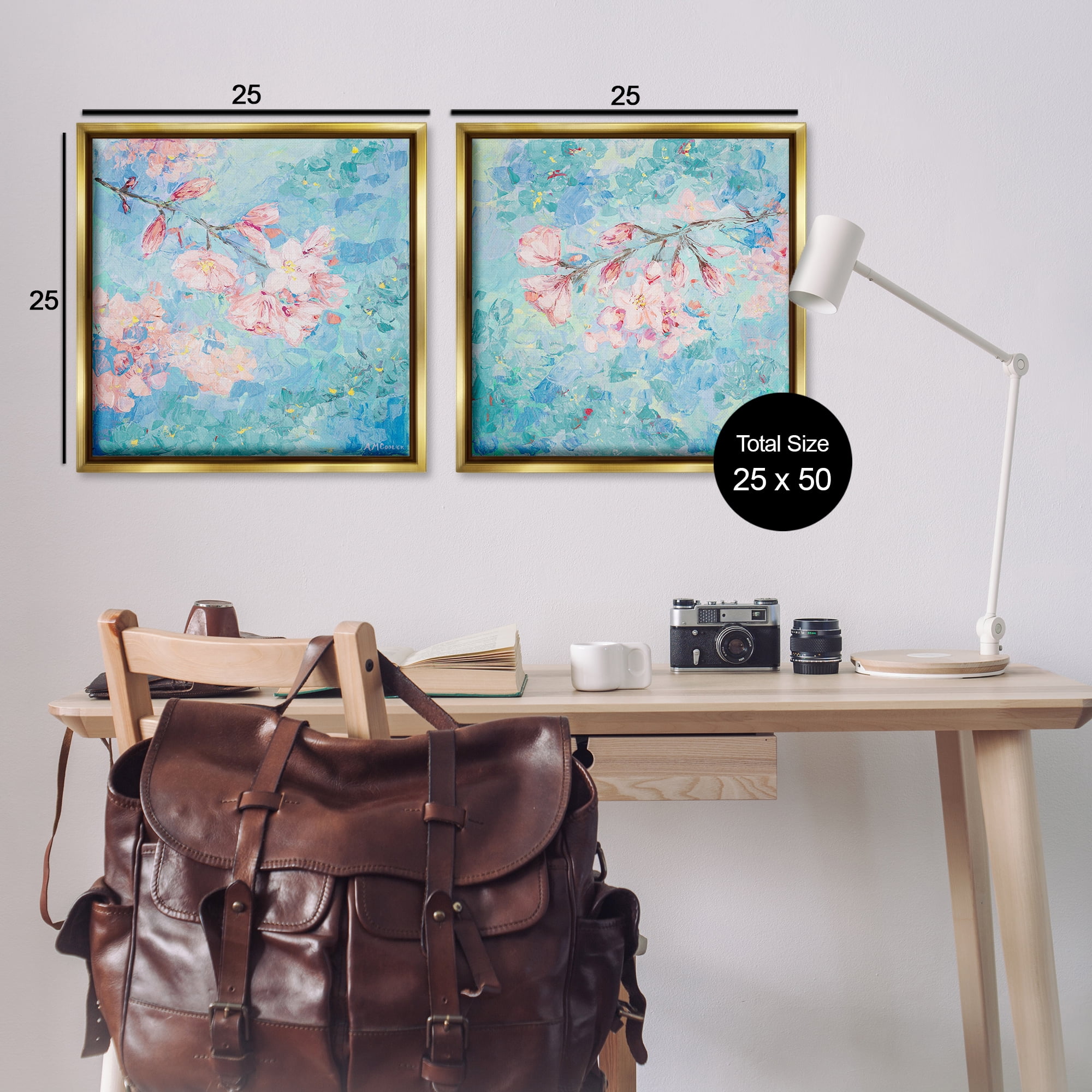 Stupell Industries Yoshino Cherry Blossoms Floral & Botanical Painting Gold Floater Framed Canvas Art Print Wall Art, 25 x 25, Set of 2