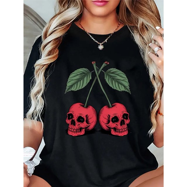 Women's Cherry Skull Print T-Shirt - Black with Red Graphic, Sporty Casual Stretchy Round Neck Tee Comfort Fit, Everyday Fashion Vibrant Design, Nontransparent Fabric, Medium Elasticity
