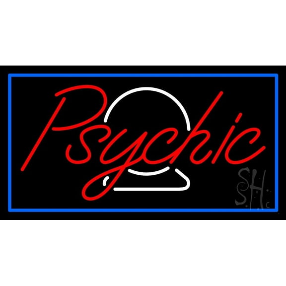Red Psychic White Crystal Blue Border LED Neon Sign 20" Tall x 37" Wide - inches Black Square Cut Acrylic Backing, with Dimmer - Bright and Premium built indoor LED Neon Sign for Storefront.