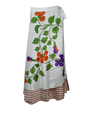 Mogul Women Long Wrap Skirt Printed Two Layer Printed Vintage Silk Sari Beach Cover Up Sarong Dresses