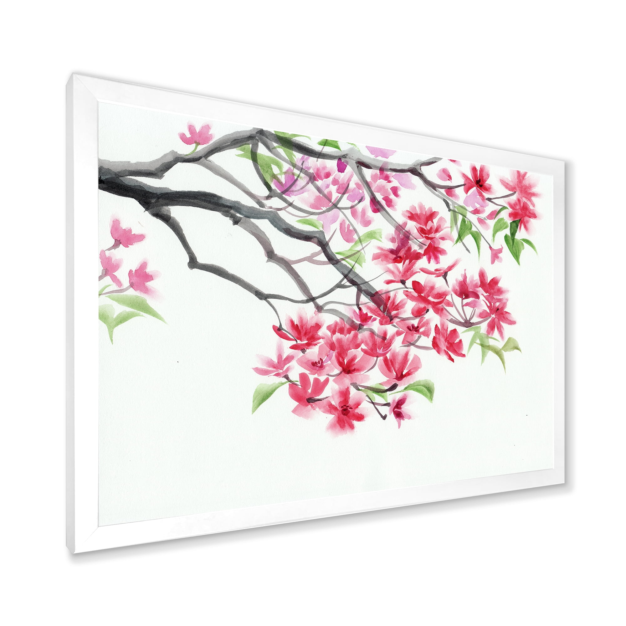 Designart 'Red Blossoming Tree On White' Traditional Framed Art Print