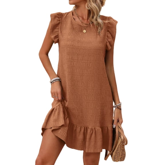 Cuteduck Womens Dresses Ruffle Sleeve Ruffle Hem Round Neck Textures Casual Dresses S-XL