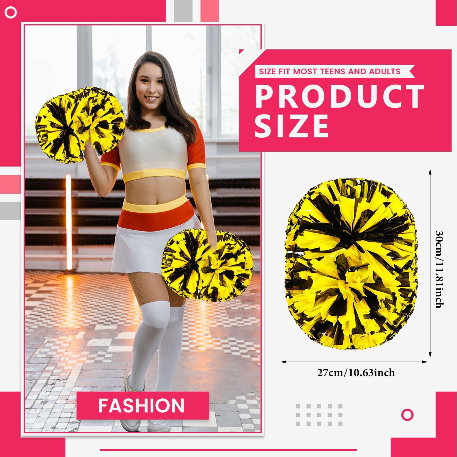 Cheer Pom Poms 12 Pcs with Handle, Cheerleading Handheld Squad Pompoms for Sports Team Cheer Spirit Games Dance Party Adults