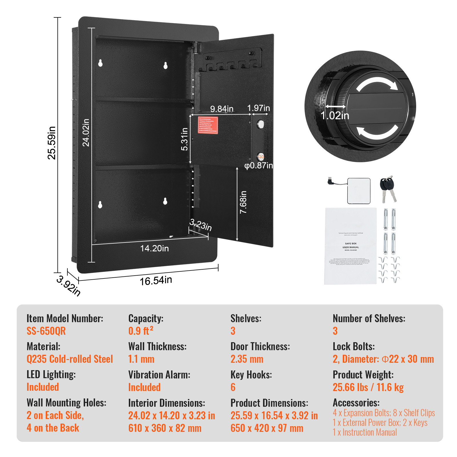 KFFKFF 25.59" High Concealed Wall Safe, Keypad Access 3-Level Security Safe, Includes 3 Adjustable Shelves & 6 Hooks, Made of Durable Q235 Steel, Features LED Lighting & Alert System for Valuables