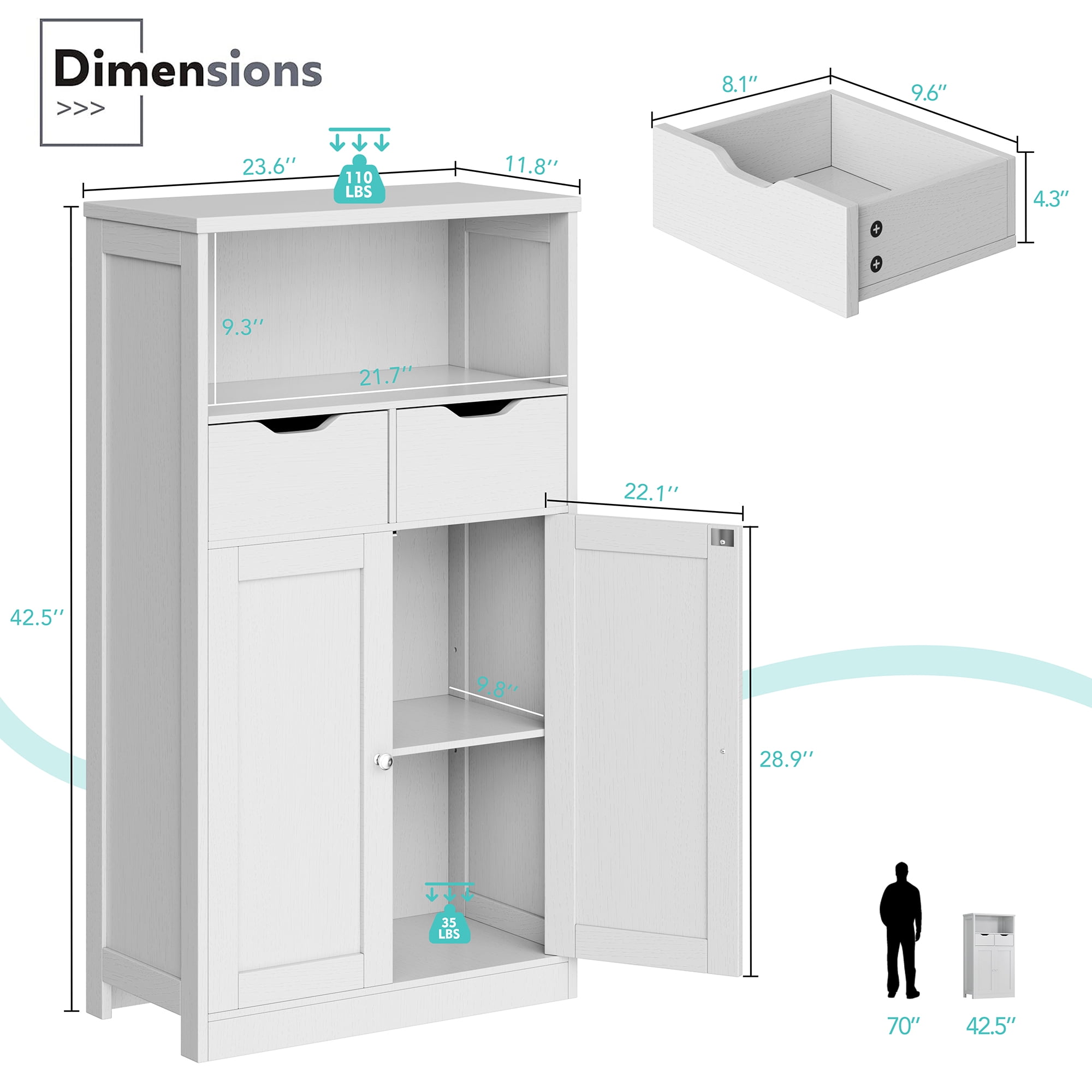 Walsunny Bathroom Storage Cabinets for Floor with 2 Doors 2 Drawers Freestanding Wooden Shelves Organizer Cupboard for Small Spaces Bathroom Living Room Bedroom Entryway White
