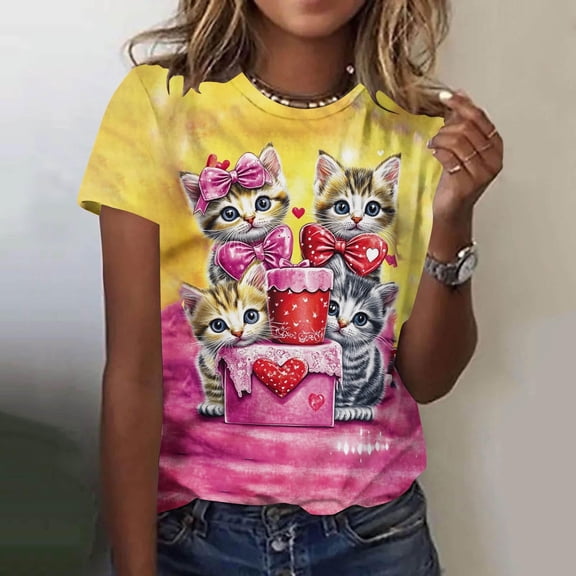 Blmnix Valentine Womens Graphic T Shirts Crew Neck Cat-print Short Sleeve Crew Neck Funny Shirt for Women