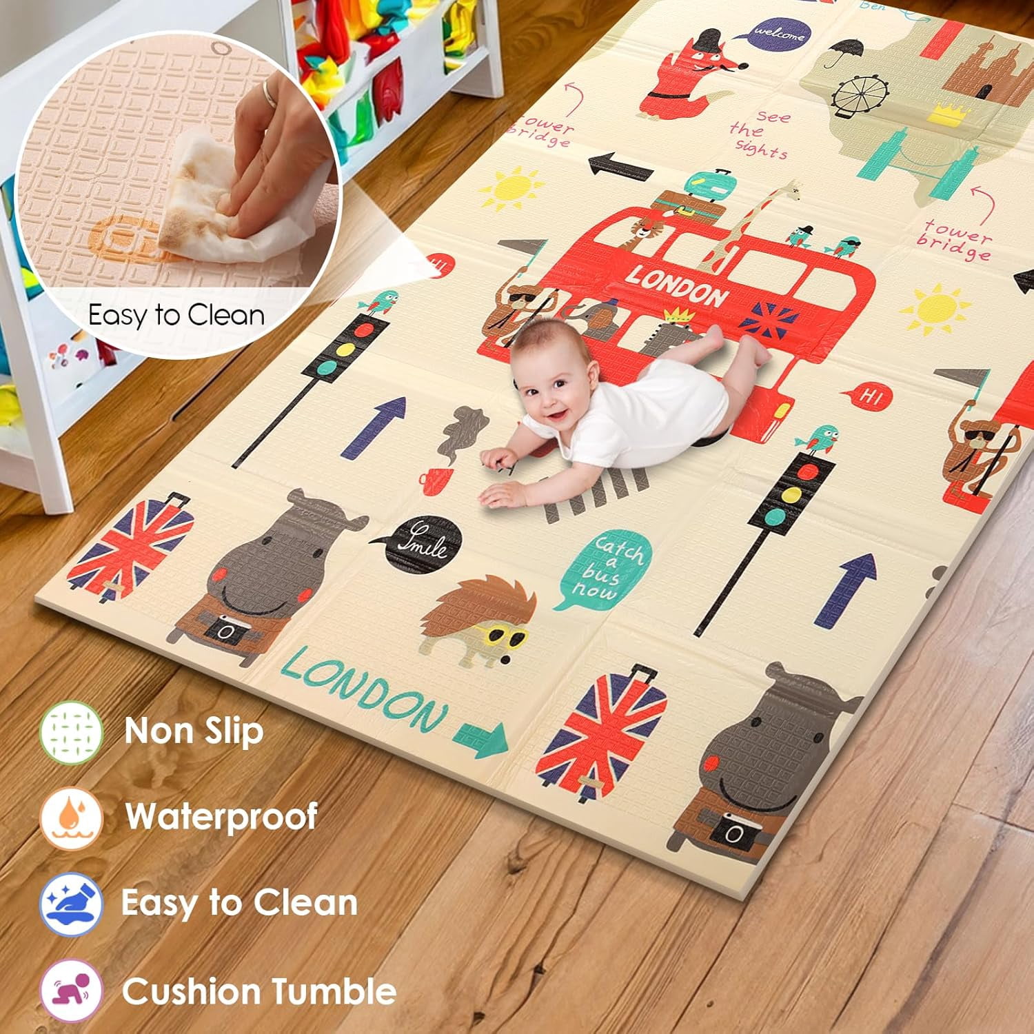 Mergren   Mat, Large(71"×47") XPE Waterproof Foam Foldable  Crawling Mat with Reversible Animal Friends Double-Sided Patterns, Anti-Slip Floor Playing Mats