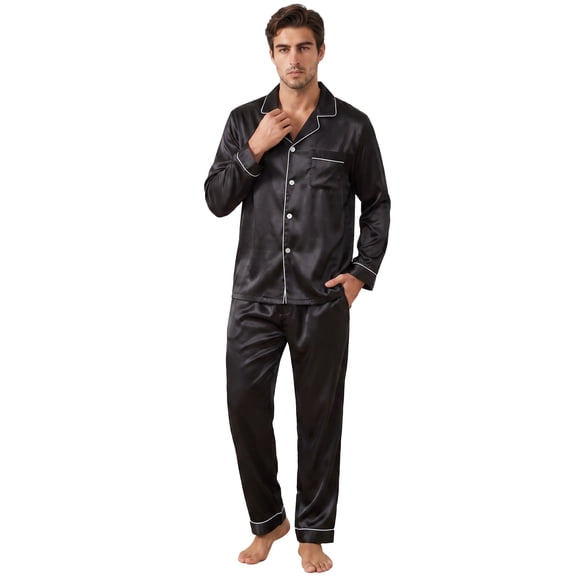 U2SKIIN Mens Silk Pajamas Set, Long Sleeve Satin Pajamas for Men Sleepwear Button Down Pjs Set Two-piece(Black, Large)