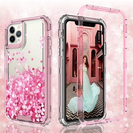 Noir Case for iPhone 12 Mini, Hard Clear Glitter Liquid Waterfall Heavy Duty Girls Women for Apple iPhone 12 Mini Case - Pink