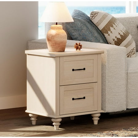 LEHOME Beige Side Table Nightstand with Charging Station Wooden End Table with 2 Drawers for Living Room Mid Century Night Stand Modern Bedside Table for Bedroom Kids Room