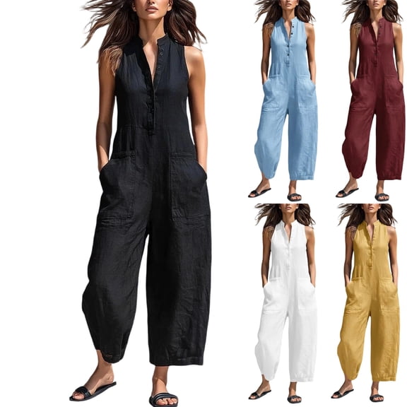 Jumpsuits for Women Wide Leg Casual Sleeveless V Neck Button Front Linen Jumpsuits Loose Fit Rompers Jumpers Summer Work Party Outfit Black XXL