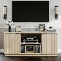 60'' Fluted TV Stand, Console Table, Mid Century Modern Curved TV Stands with Water Wave Shaped Door, Entertainment Center with Metal Handle, Living Room (Cream Yellow Wood Grain)