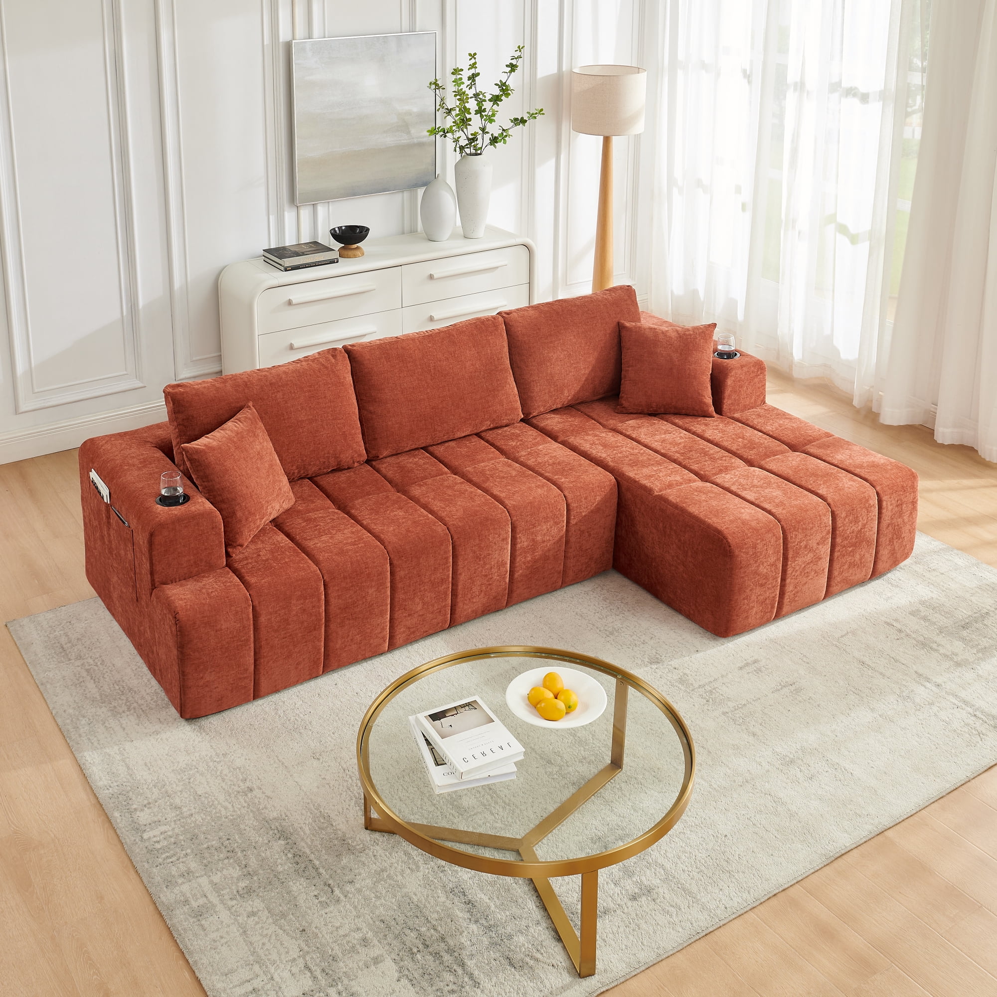 Leumius 108" L-Shaped Sectional Sofa,Chenille Boneless Couch, Modern 3-Seat Upholstered Cloud Couch Sectional with Deep Seat and Cup Holders for Living Room,No Assembly Required,Orange
