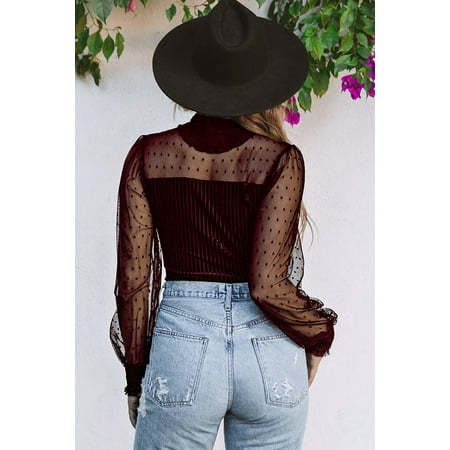 GCKG Women s Red Sheer Dotty Long Sleeve Ribbed Velvet Bodysuit (US 4-6)S