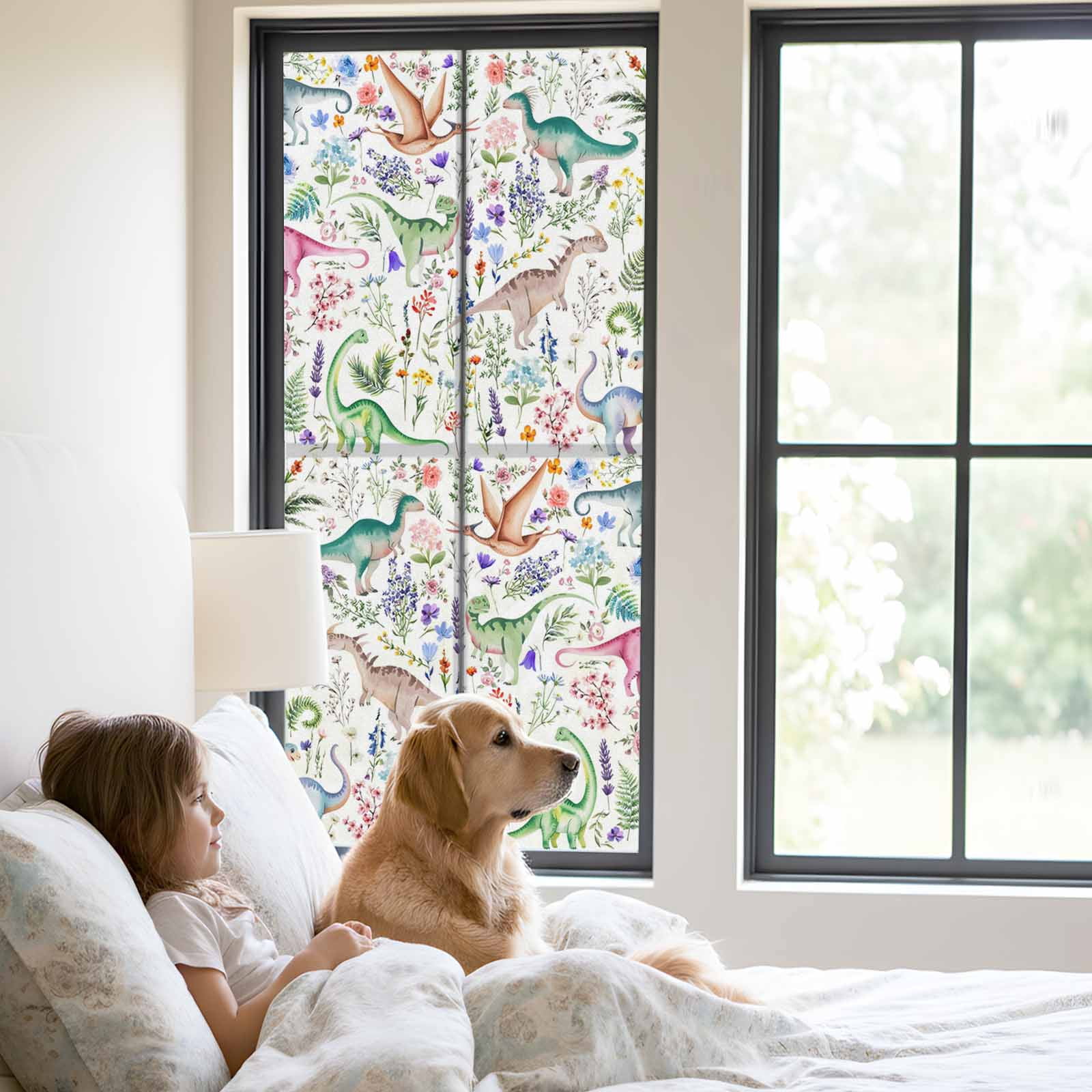 Spring Dinosaurs Window Privacy Film, Farmhouse Botanical Floral Watercolor Static Cling UV Sun Blocking Tint Film Heat Control Windows Films for Bedroom Bathroom, Window Stickers 23.6"x59"
