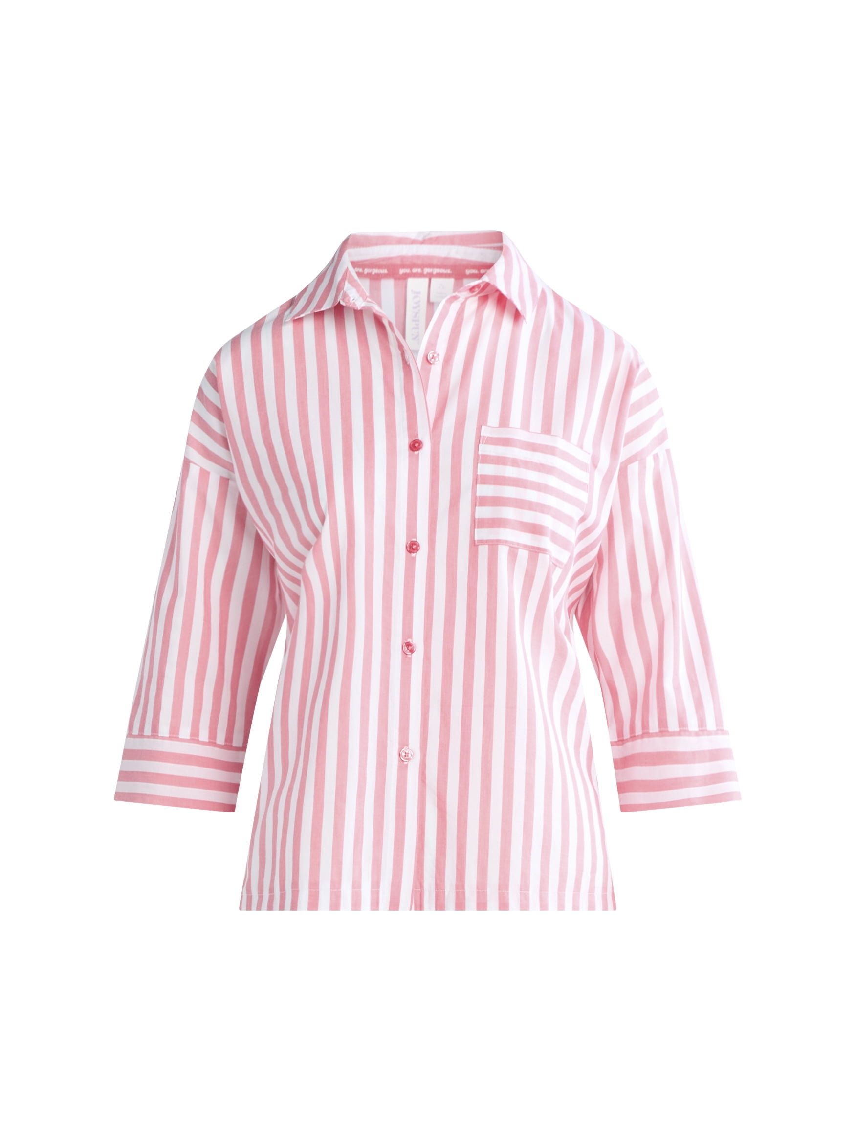 Joyspun Women’s Woven ¾ Sleeve Notch Collar Top and Boxer Shorts Pajama Set, Sizes XS-3X