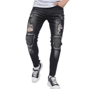 Ketyyh-chn99 Mens Jeans Regular Fit 2024 Casual Pants Shorts Male Men's Jeans Comfort Stretch Denim Straight Leg Relaxed Solid Color Patch Design Ripped Jeans Black,32