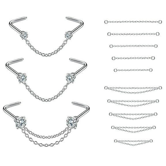 QQTDFG 16Pcs/Set 20g Surgical Steel Nose Stud with Nose Chain 2-3mm CZ Nostril Piercing-L Shape