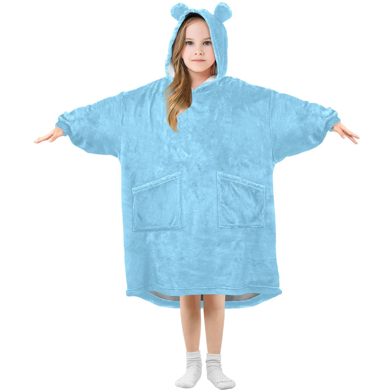 Blue Color Oversized Wearable Blanket Hoodie Sweatshirt Flannel for Unisex Girls Boys