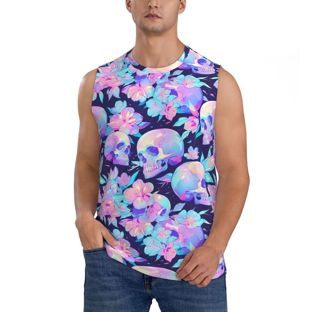 Fotbe pinkk flower crystal Skull Men's Camiseta sin Mangas Estampada para Hombres, Playera Casual para Gimnasio, Entrenamiento, Playa-Large
