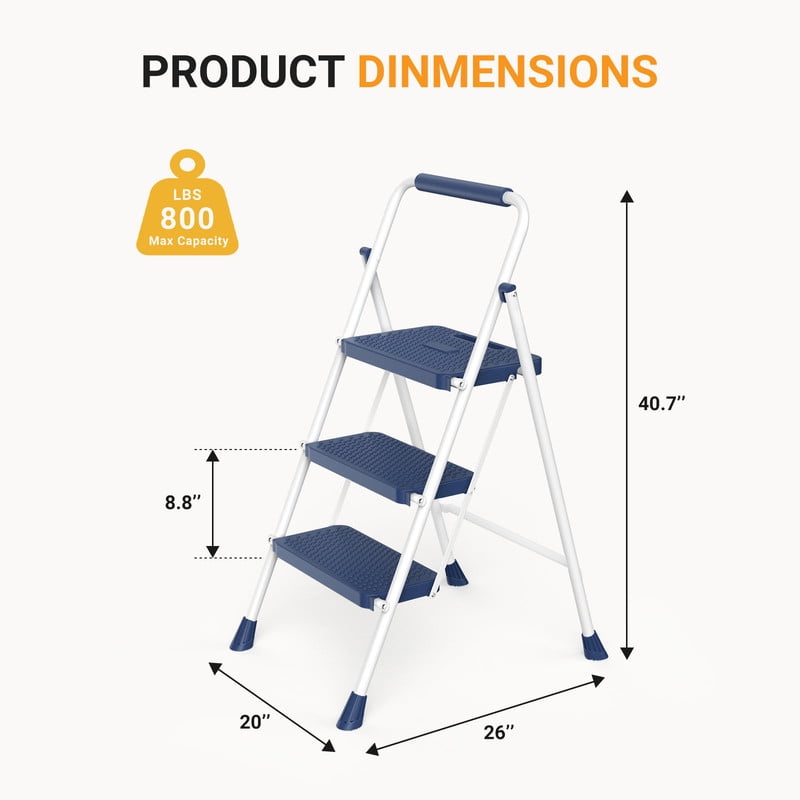 Gianna Step Ladder, 3 Step Stool Foldable with Anti-Slip Pedal & Comfortable Handrail, 800lbs Capacity Sturdy Steel Ladder, Portable Heavy Duty Step Stool for Kitchen, Garage & Outdoor Use, Blue