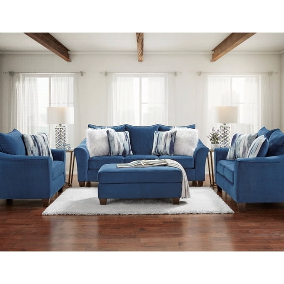 Modern Minimalist Fabric 4-Piece Living Room Set (220×80×75cm) with Navy Blue Accents and Solid Cushions