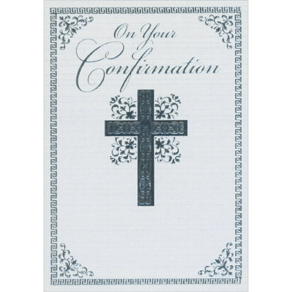 Designer Greetings Ornate Silver Foil Cross, Flowers and Border on White Criss Cross Pattern Confirmation Congratulations Card